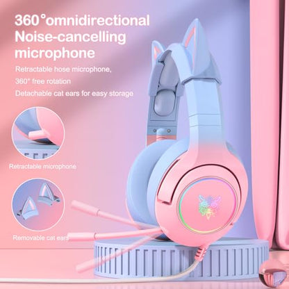 PHNIXGAM Wired Gaming Headset - Removable Cat Ears, RGB/Retractable Mic | 3.5mm surround sound gaming headphone. Compatible with PC, PS4, PS5, mobile. Gradient pink-blue design. - color: Gradient Pink Blue 3.5mm
