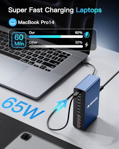 MEKIOJEO 12 Ports Aluminum Alloy 380W Charging Station USB C Charger Block | 65W Laptop Fast GaN Charger for MacBook Pro/Air/iPad Pro/iPhone (Blue) - color: Blue