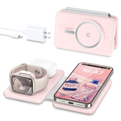 3 in 1 Wireless Charging Station for iPhone 17 16 15 14 13 12 Pro Max Plus – Foldable Magnetic Charger Pad for Apple Watch Series & AirPods – Fast Wireless Charging Dock for Travel & Home - color: Pink