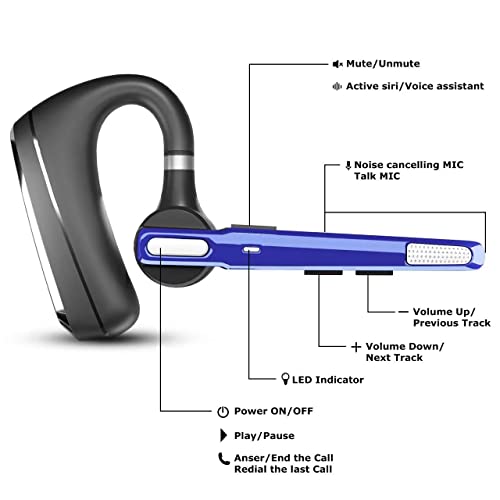 Bluetooth Headset V5.0, Wireless Bluetooth Earpiece 24Hrs HD Calling,CVC8.0 Dual Mic Noise Cancelling, Hands-Free Bluetooth Earphone for Driving/Business/Office (Blue)