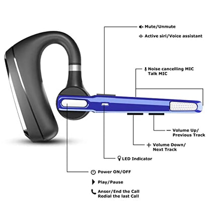 Bluetooth Headset V5.0, Wireless Bluetooth Earpiece 24Hrs HD Calling,CVC8.0 Dual Mic Noise Cancelling, Hands-Free Bluetooth Earphone for Driving/Business/Office (Blue)