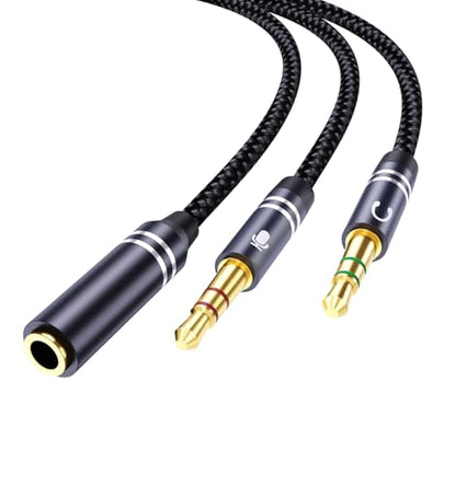 Braided Headphone Splitter for Computer, 3.5mm Female to 2 Dual 3.5mm Male Earphones Port, Mic Y Audio Splitter Cable Compatible with Headset Microphone Gaming Computer Speaker Laptop(35cm / 14in)