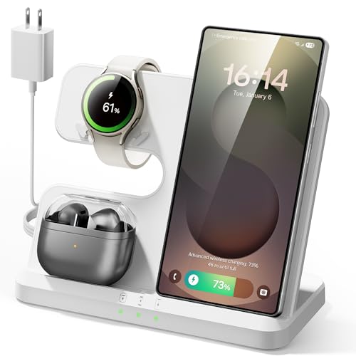 Wireless Charging Station for Samsung, 3 in 1 Charger Stand for Galaxy S25 Ultra/S24/S23/Z Fold, Phone and Watch Charging Dock for Samsung Watch Galaxy 8/7/6/5, Galaxy Buds 3/2/Pro - color: White