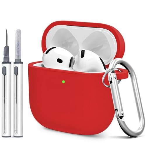 Silicone Case Cover for AirPods 4th Gen, Soft Skin, Full Protection, Keychain, Cleaner Kit (Red) - color: B1-Red