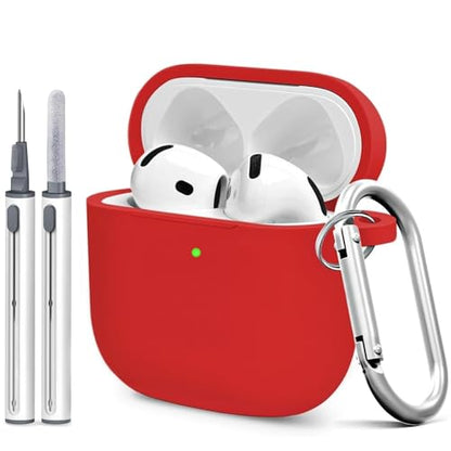 Silicone Case Cover for AirPods 4th Gen, Soft Skin, Full Protection, Keychain, Cleaner Kit (Red) - color: B1-Red