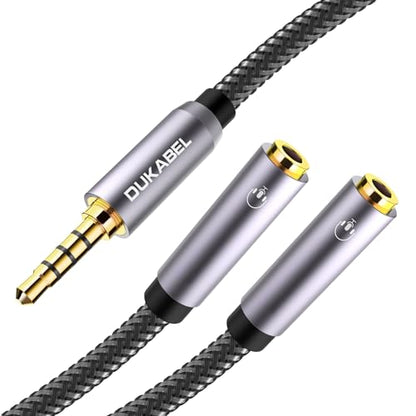 Long Headphone Splitter (4ft / 1.2m) Shielded 4-Pole TRRS 3.5 Y Splitter Cable 2-Way Female to Male Headphone Adapter Stereo Audio/Crystal-Nylon Braided / 24K Gold Plated / 99.99% 4N OFC | Hi-Fi Stereo Sound, 24K Gold-Plated, TRRS Mic Support, Music Shari
