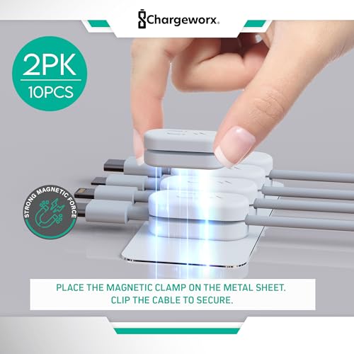 Magnetic Cable Clips, 10-Pack Adhesive Cord Organizer for Nightstand, White | Magnetic Cable Holder for Desk, Wall & Car, Cable Management Clips for USB-C, Lightning, HDMI & Charging Cables