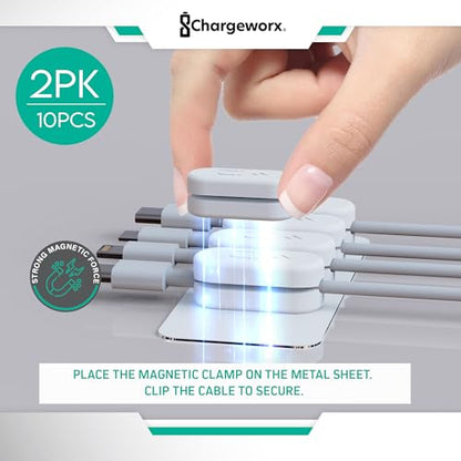 Magnetic Cable Clips, 10-Pack Adhesive Cord Organizer for Nightstand, White | Magnetic Cable Holder for Desk, Wall & Car, Cable Management Clips for USB-C, Lightning, HDMI & Charging Cables