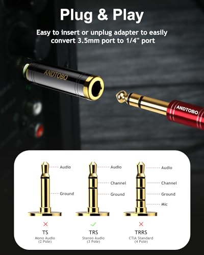 ANDTOBO 3.5mm to 1/4 Adapter, Pure Copper Headphone Jack for Stereo Audio