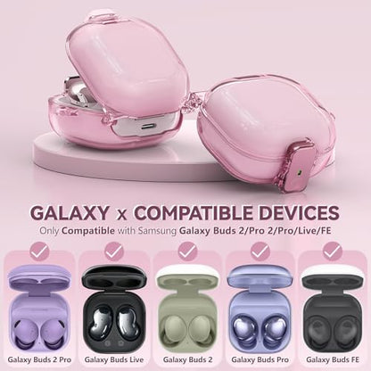 Inesore Case for Samsung Galaxy Buds FE/Buds 2/Pro/Live (Pink) | Safety Lock Design Prevents Loss, Clear Anti-Yellow PC Shell, 3-in-1 Cleaning Tool, Metal Clasp, Silicone Lanyard - color: A4-Pink+Bi
