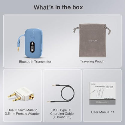 SIMOLIO Airplane Bluetooth Transmitter, 20 Hr Battery, Supports 2 Earbuds/Wireless Headphones, 3.5mm AUX Wireless Audio Transmitter for TV, Gym Equipment, Controller, MP3 Player - color: Blue
