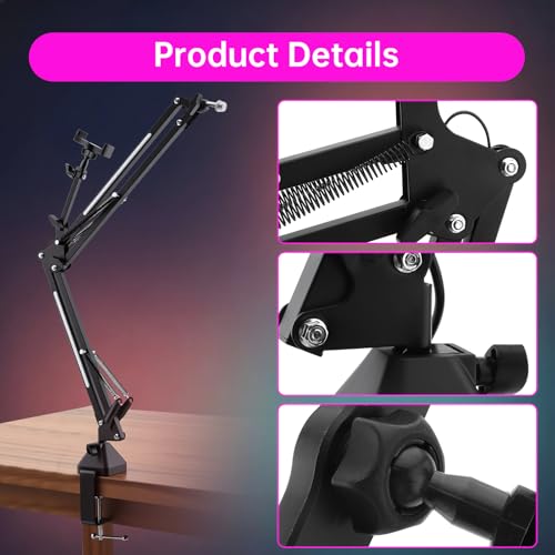 Heavy Duty Mic Boom Arm RGB Steel Scissor Desk Stand for Podcast Gaming | Supports 3.3lb. Thickened alloy steel. Phone holder.12 Light modes.Tool-free. For streaming podcast gaming singing recording