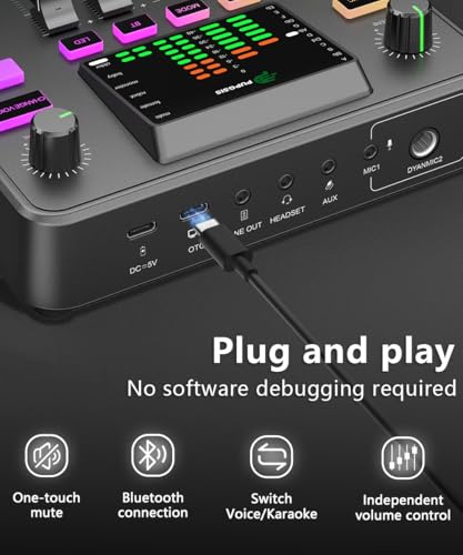 PUPGSIS Gaming Audio Mixer, Audio Interface for pc,1/4" TRS Dynamic Mic interface,Sound Board With voice changer, Pro-Preamp, Noise Cancellation, RGB, Bluetooth For Streaming/Podcasting/Gaming - color: Black