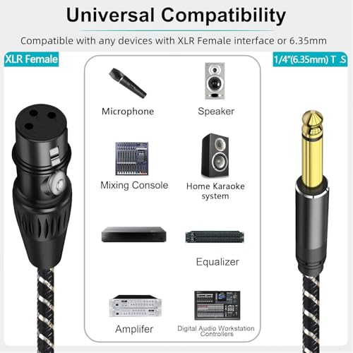 XLR to 1/4 Inch (6.35mm) TS Mono Jack Microphone Cable, 6.6FT Unbalanced 3 Pin XLR Female to Quarter inch TS Male Mic Cord for Dynamic Microphone Guitar Mixer - size: 6.6Feet, style: XLR Female to 1/4 Inch TS Cable