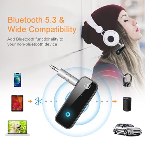 Bluetooth AUX Adpater for Car, Bluetooth 5.3 Transmitter Receiver, 3.5mm Aux Audio Adapter, Wireless Audio Receiver for Car Stereo/Home Stereo/Headphones/Speaker/Laptop/TV - color: Glossy Black