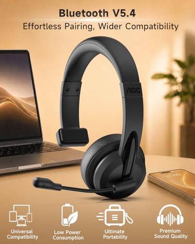 AOC Wireless Headset with Microphone for Work, AI ENC Noise Cancelling Bluetooth 6.0 Headset, 45H Playtime Mono Office Headset with 2.4G Dongle