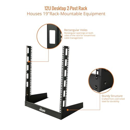 Tecmojo 2 Post 12U Desktop Server Rack Small Open Frame Rack for 19in AV/Data/Audio/Studio Equipment Free Standing Home/Office Rack,Square Hole - size: 12U/Square Hole