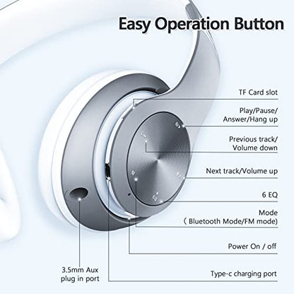 헤드폰 무선 블루투스, 60시간 재생 시간 접이식 경량 블루투스 헤드폰 무선 오버 이어 유선 하이파이 스테레오, 6가지 EQ 모드, 딥 베이스 조절 가능한 헤드셋 마이크, FM, TF 성인용 - color: 실버