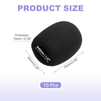 MECCANIXITY 10pcs Microphone Foam Covers, 40mm (1.57") ID 10mm (0.39") Thickness Microphone Windscreen Foam Cover for Most Handheld Microphones, Black - color: Black