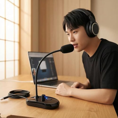 USB Computer Microphone, Desktop Gooseneck Condenser Mic with Mute Button & Volume Control, 360° Flexible Plug & Play Audio