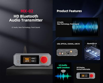 xDuoo MX-02 HD Bluetooth 5.4 Audio Transmitter - LE Audio, and aptX Lossless for Ultra-Low Latency, Bluetooth Dongle for PC/TV/CD Players/PS5, Wireless Lossless Transmitter for Speakers/Headphones