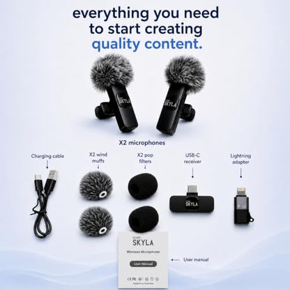 Wireless Lavalier Microphone for iPhone, Android & USB-C Dual Mic Set (2 Pack) with Lightning Adapter & Windscreens, Plug & Play Clip-On Lapel Mic for Video Recording, TikTok & YouTube