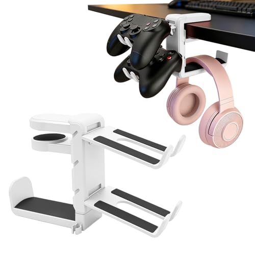Rotating Headphone Stand with 360° Swivel, Adjustable Clamp-on Under Desk Headset Holder, Gaming Headphone Hanger (White) - color: White