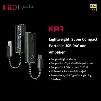 FiiO JadeAudio KA1 Headphone Amps Tiny Amplifier USB DAC High Resolution Lossless for Smartphones/PC/Laptop/Players(Lightning, Black) - size: KA1-B-LC