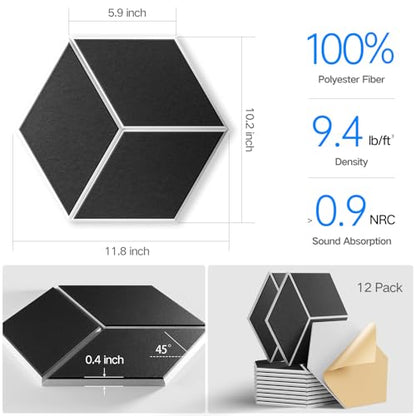 12-Pack Self-Adhesive Acoustic Panels 12" x 10" x 0.4" High-Density, Flame-Resistant Soundproof Foam. Absorbs Noise and Eliminates Echoes, Hexagonal 3D Design(BlackFace) - color: WhiteBase + BlackFace, size: Y-Cut Hexagon 12 Pack