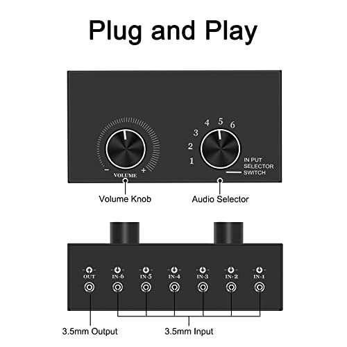 6방향 오디오 스위치, 3.5mm (1/8인치) 스테레오 오디오 스위치, 플러그 앤 플레이, PC, 노트북, MP3, MP4, 헤드폰, 게임 시스템 등과 호환됩니다. (6"-1 아웃) - style: 3.5mm(1/8인치) 오디오 스위처