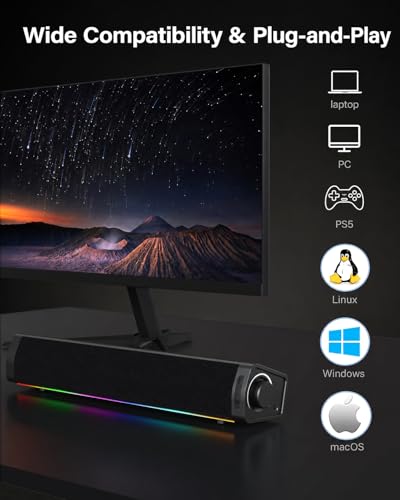 Computer Speakers for Desktop PC, RGB Gaming Soundbar with 3 Sound Modes | Desktop Monitor Speakers with Enhanced Bass, Headphone Jack, and USB-C/USB-A adapter for Windows, Mac, and PS5. Plug and Play