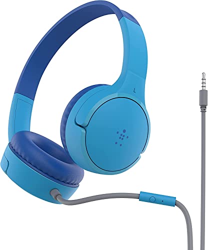 Belkin SoundForm Mini Wired Kids Headphones, On Ear, 3.5mm | Toddler headphones, built-in mic, 85dB safe volume limit, durable design, online learning, classroom, travel - color: Blue, style: Wired