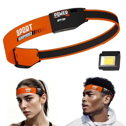 Headband Headphones & Open-Ear Headband with HD External Speakers, Bluetooth Sport Headphones for Running, Walking, Fitness, Breathable Sweat-Wicking Band with LED Headlamp, 12H Playtime, Orange