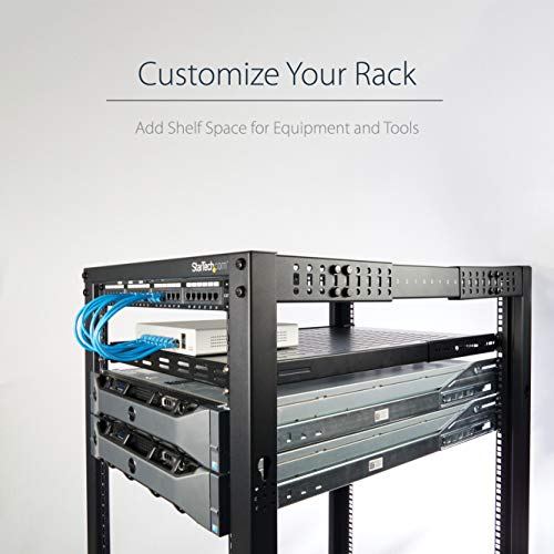 StarTech 1U Adjustable Vented Rack Shelf, 19in, 175lb, TAA (ADJSHELF) | 19.5-38in adjustable mounting depth, 27.5in deep universal tray, SPCC steel, Maximizes airflow - size: 19.5-38in