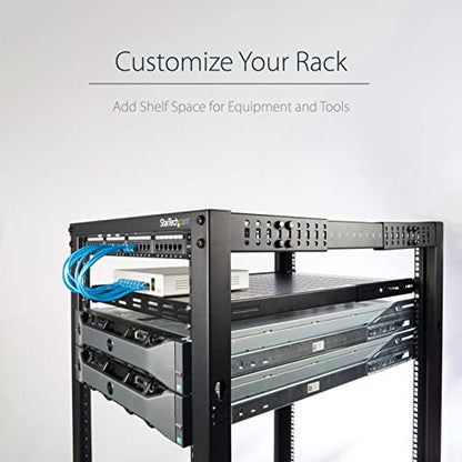 StarTech 1U Adjustable Vented Rack Shelf, 19in, 175lb, TAA (ADJSHELF) | 19.5-38in adjustable mounting depth, 27.5in deep universal tray, SPCC steel, Maximizes airflow - size: 19.5-38in
