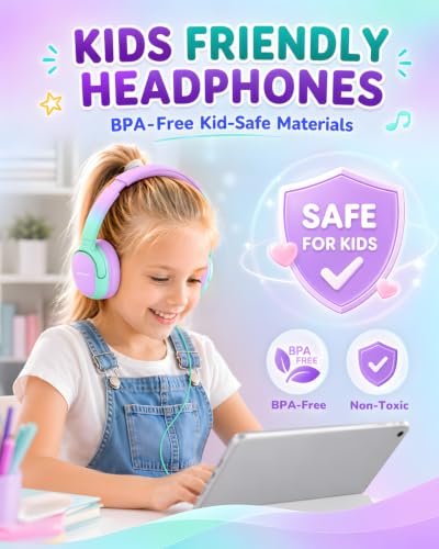 Kids Headphones with Safe Volume Limited for School Travel (GreenPurple) | 3.5mm Wired, Foldable, Stereo Sound On-Ear Headset for iPad Computer Boys Girls - color: GreenPurple