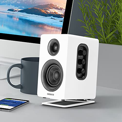 Sanyun SW601 15° Tilted Speaker Stands for 2-3 Inch Speakers (Pair, White) | Aims Sound at Ear Level - Damping Foam Reduces Vibration - Steel Base - 4.4x5.3 in - Fits SW208 and 2-3 Inch Models - color: White