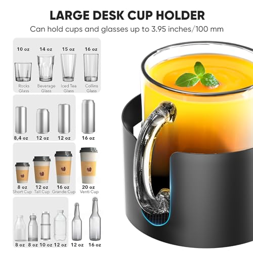 Upgraded Large Desk Cup Holder Clamp, OOKUU Anti-Spill Table Cup Holder, Metal Office & PC Gaming Desk Accessories, Compatible with Universal Cup, Bottles, Pencil Holder (Black) - color: Black, size: 3.95 inch