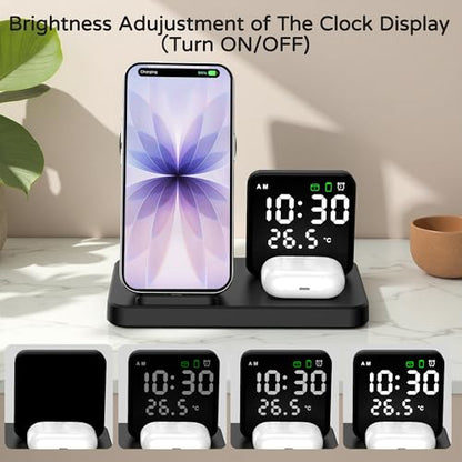 5 in 1 Wireless Charging Station with Alarm Clock Pen Holder, Fast Wireless Charger for iPhone 17/16/15/14/13/12/Pro/Max/Air, for iWatch & AirPods, Charger Stand with Temperature, Snooze Model White - color: WHITE