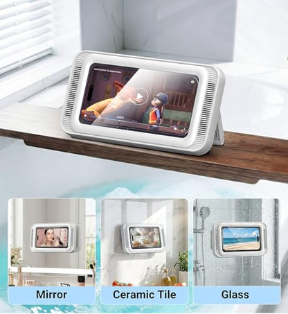 Coolpow Shower Phone Holder Waterproof with Speaker Holes Wall Mount Case | 480° Adjustable, Enhanced Sound Quality Waterproof & Anti-Fog Bathroom Phone Holder Mount Stand, 4"-7" Phones - color: White