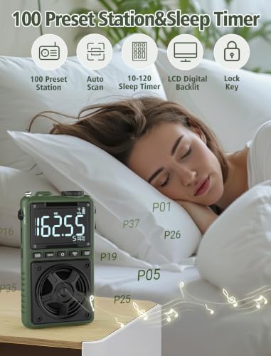 Bluetooth AM FM Shortwave Radio with NOAA Weather Alert,1250mAh Rechargeable Portable Pocket Radio with Best Reception,5W Big Speaker, Digital Tuner and Earphone,Support SD Card and USB MP3 Player - color: Green