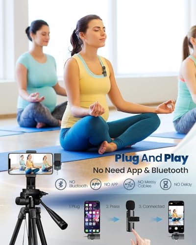3 in 1 Wireless Lavalier Microphones for iPhone, ipad, Android, Camera, 2 PCS Mini Lapel Mic with Noise Reduction for Video Recording, Interview, YouTube, Live Stream (2 Mics - 3 in 1, Black)