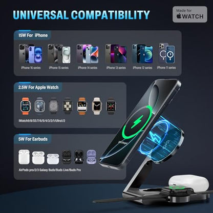 2026 3 in 1 Wireless Charging Station Mag-Safe Fast Charging Station for Apple MagSafe Charger, with USB C Charger, Foldable Charging Magnetic Wireless Charger Stand, Space Aluminum Travel Charger - color: Luxury Grey