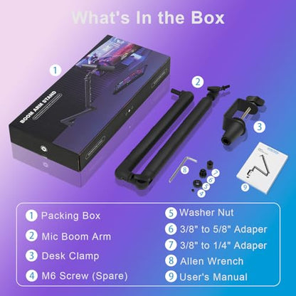 Aqdocvf Microphone Boom Arm - Heavy Duty Low Profile Metal Mic Arm Stand | Sturdy Microphone Arm with Desk Clamp & Cable‑Management, for Shure SM7B‑MV7, Blue Yeti, AT2020, Podcast, Gaming & Streaming