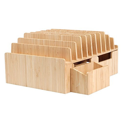 MobileVision Bamboo 10-Port Charging Station Plus 2 Caddy Add-On Combo to hold pens keys and extra storage - color: Stand + 2 Caddy Adapters