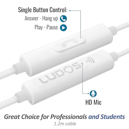 LUDOS Clamor Wired Earbuds in-Ear Headphones, 5 Years Warranty, Earphones with Microphone, Noise Isolating Ear Buds, Memory Foam for iPhone, Samsung, School Students, Kids, Women, Small Ears - White - color: White, style: 3.5 mm
