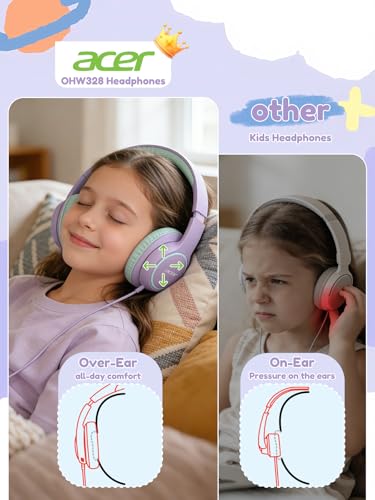 Acer OHW328 Kids Headphones Wired for School - Over Ear Design | 85/94dB Safe Volume, 3.5mm Jack Foldable Headphones for Kids Girls Classroom Yoto Player Chromebook Travel Purple Green - color: Purple Green