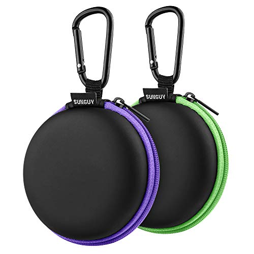SUNGUY [2-Pack Earbuds Cases, Small Round Pocket Earbud Travel Carrying Case Pouch with Carabiners for Earbuds, Headsets, in-Ear Headphones, Hearing Aids, USB Cable and More (Green + Purple) - color: Green+Purple