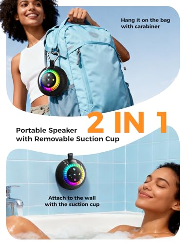 Bluetooth Shower Speaker IPX7 Waterproof: Removable Suction Cup, Black | 360° Surround Sound, Vacuum-Lock, RGB Light, Portable Wireless Speaker for Beach, Pool, Kayak, Gifts for Adults Teens - color: black