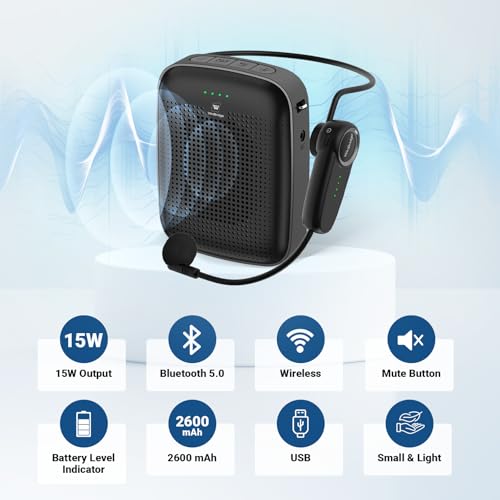 15W Wireless Voice Amplifier with Bluetooth Headset Microphone for Teachers | Portable Mini PA System, 2-in-1 Headset & Handheld Mic, 12H Battery, USB, Belt Clip, for Classroom, Training & Presentations